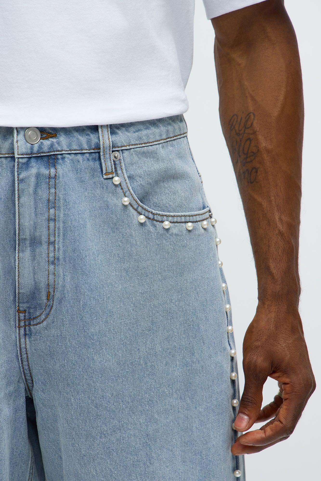 Baggy Pearls Along The Side Denim Short - Light Wash Product Image