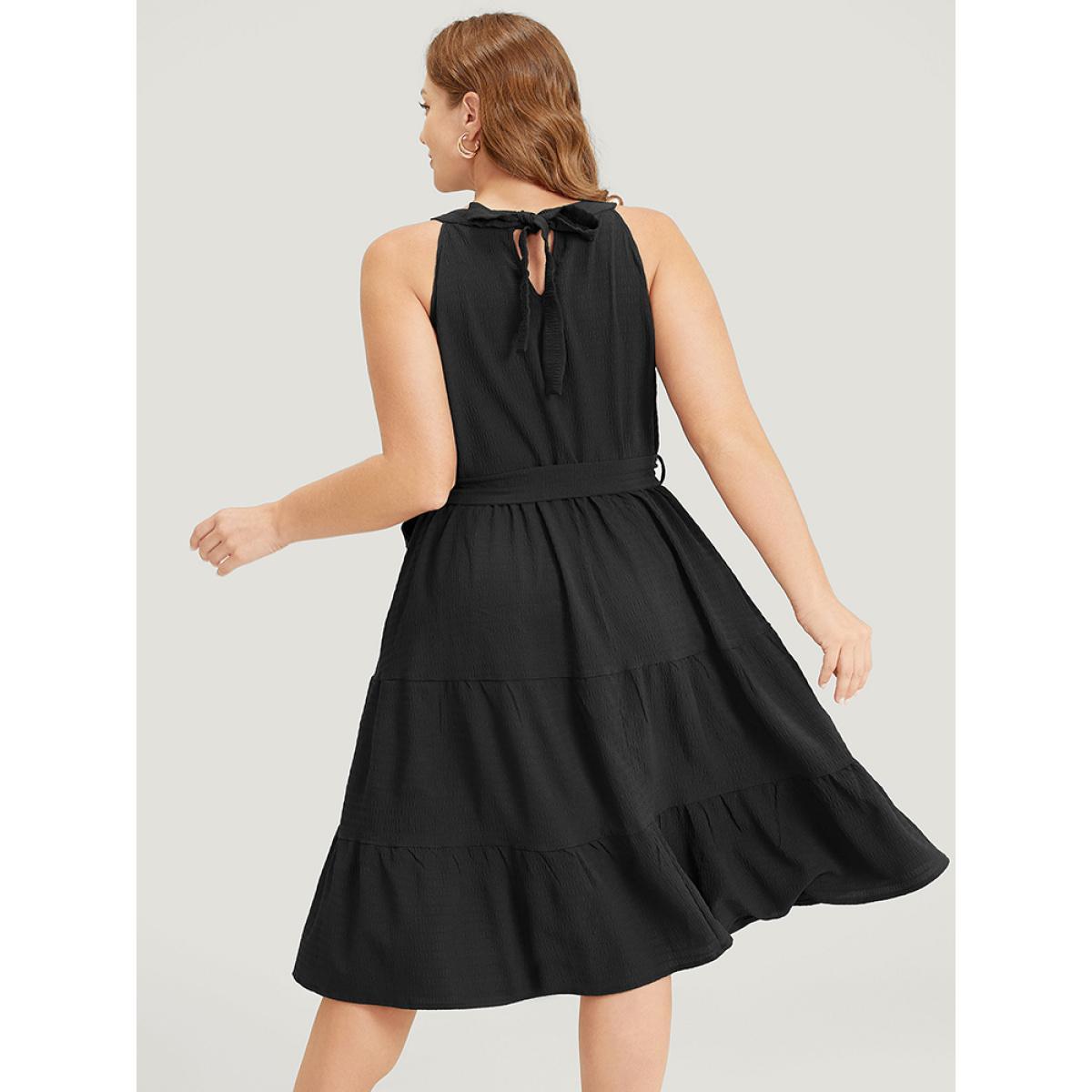 Plus Size Solid Knot Halter Pocket Belted Ruffles Tiered Hem Dress Black Women Elegant Gathered Halter neck Sleeveless Curvy Knee Dress BloomChic 30/6X Product Image