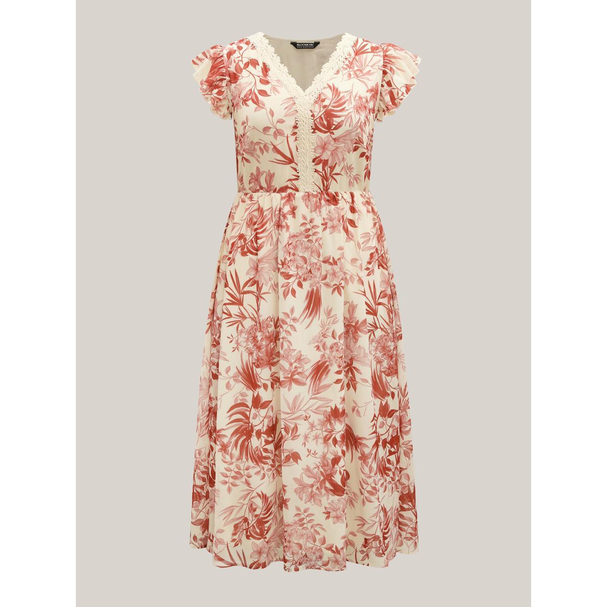 Plus Size Large Flower Print Lace Trim Maxi Dress Beanpastepowder Women V-neck Cap Sleeve Curvy BloomChic 30/6X Product Image