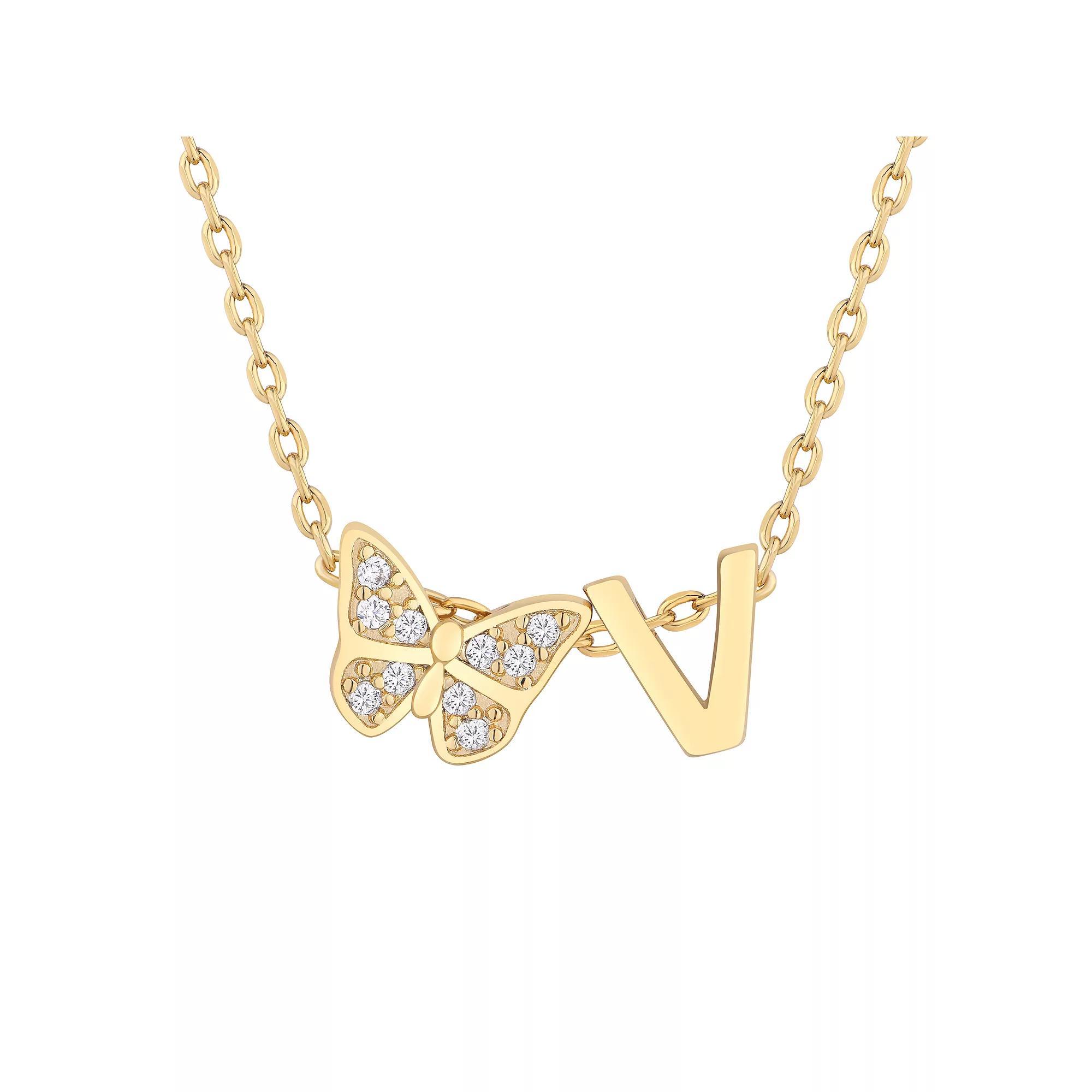 Taylor Grace 14k Gold Plated Cubic Zirconia Butterfly Initial Necklace, Women's, Size: 18", V Product Image