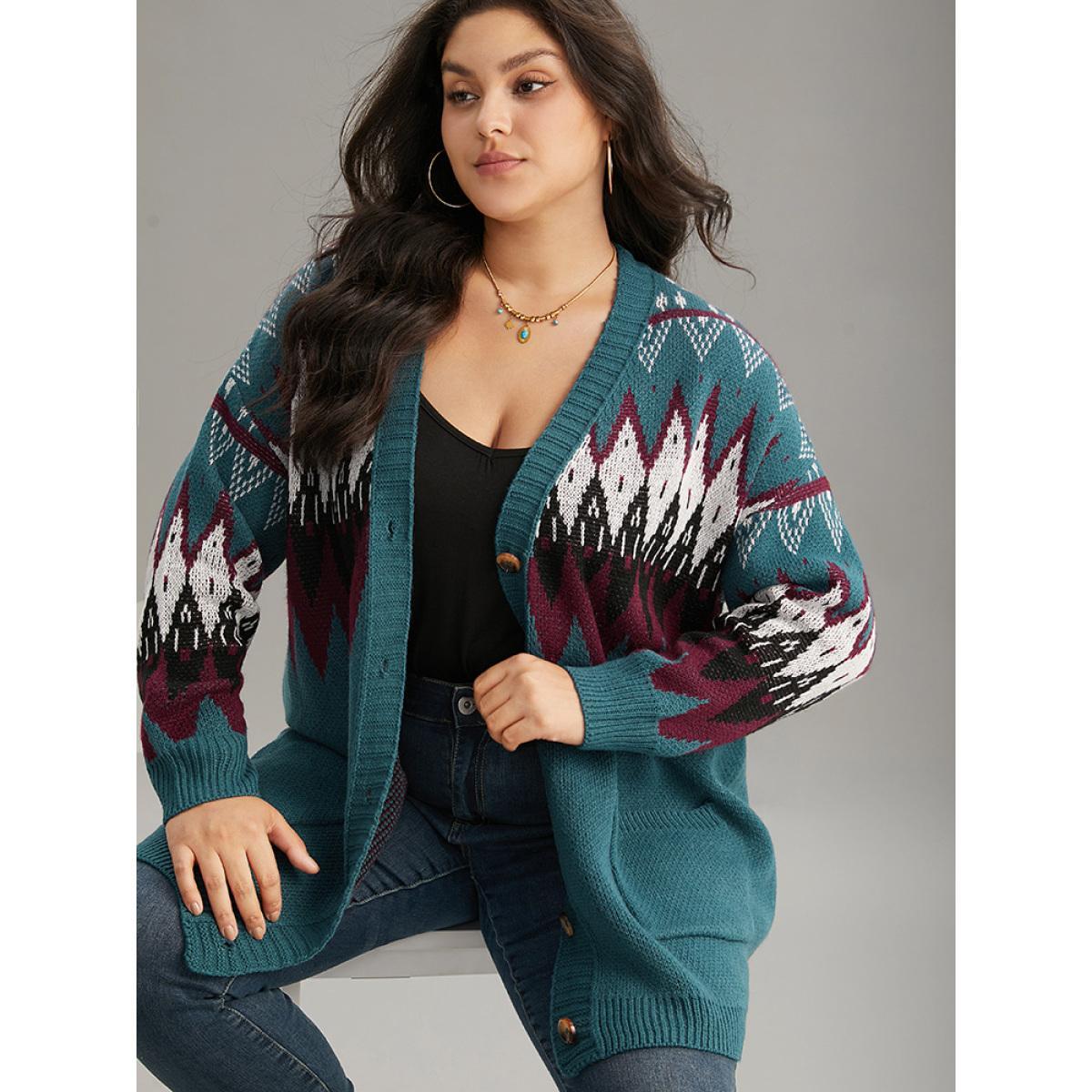 Plus Size Geometric Button Through Pocket Cardigan Aegean Women Casual Loose Long Sleeve Dailywear Cardigans BloomChic 26/4X Product Image