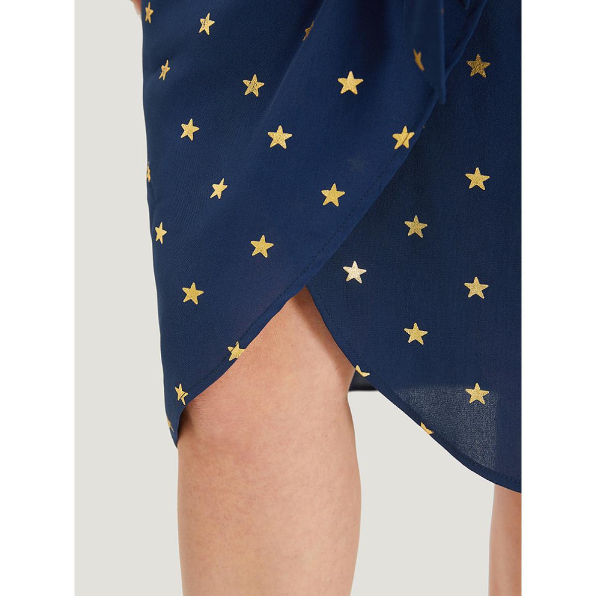 Plus Size Star Wrap Ties Pocket Ruffle Sleeve Dress Indigo Women Party Wrap Overlap Collar Sleeveless Curvy Midi Dress BloomChic 14-16/1X Product Image