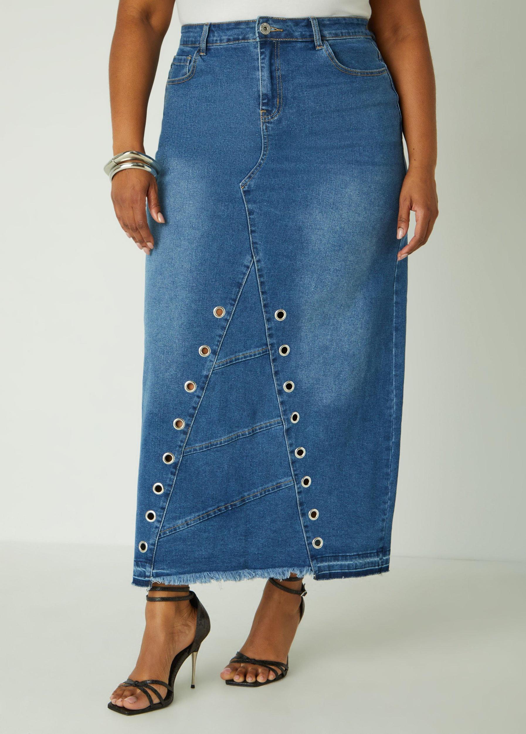 Grommet Denim Maxi Skirt Product Image
