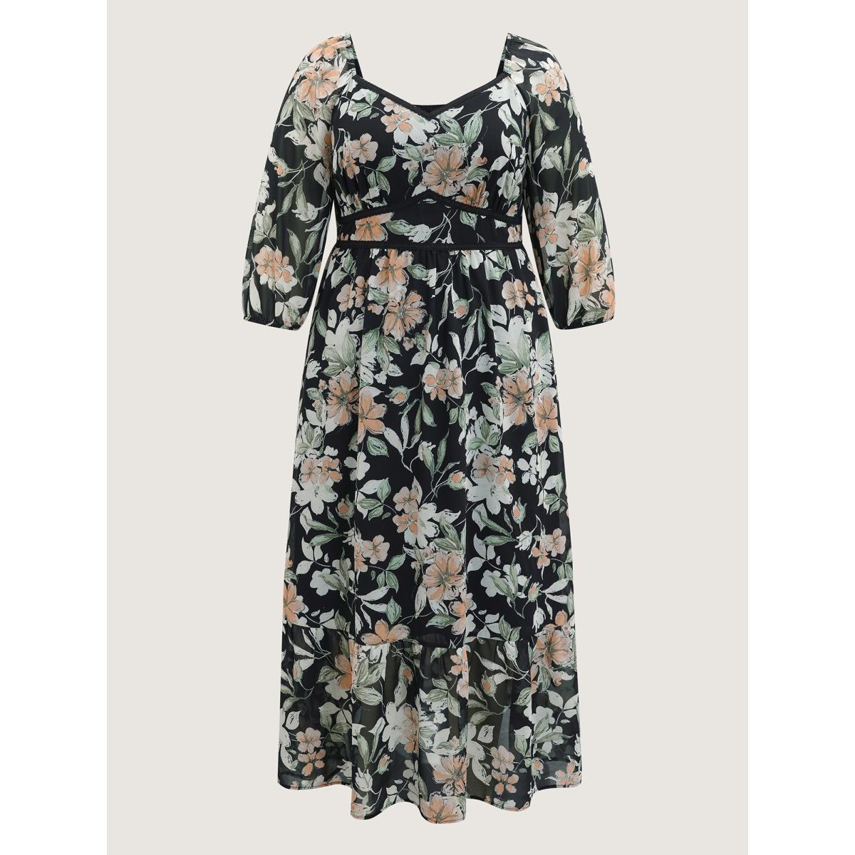 Plus Size Floral Heart Neckline Woven Ribbon Gathered Dress Black Women Elegant Woven ribbon&lace trim Heart neckline Elbow-length sleeve Curvy BloomChic 30/6X Product Image