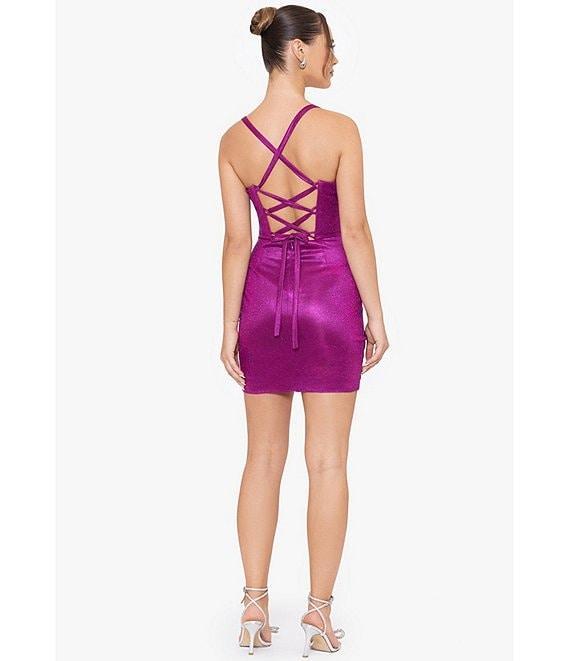 Blondie Nites Spaghetti Strap Sweetheart Lace-Up Back Shine Wrap Dress Product Image
