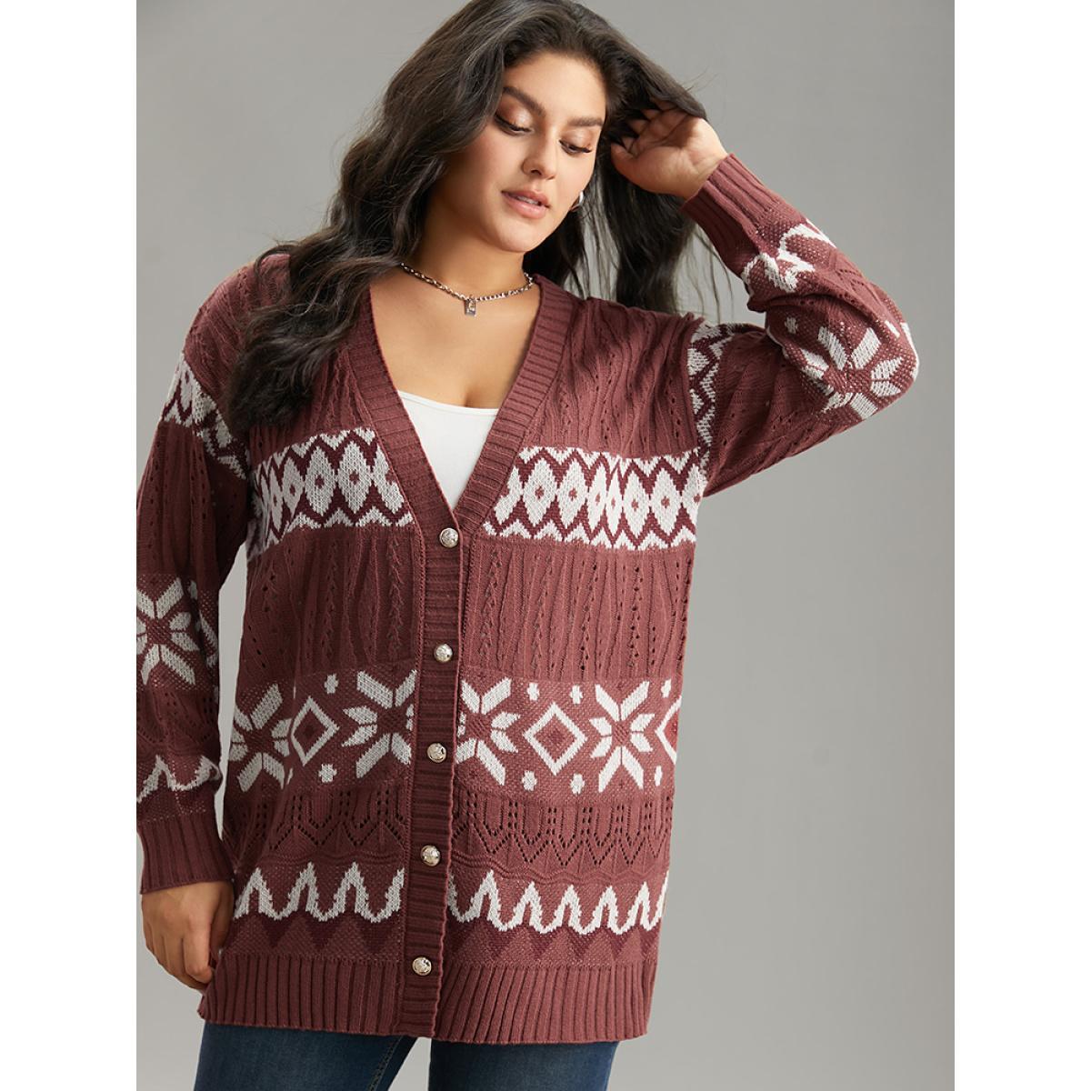 Plus Size Bandana Print Eyelet Metal Button Fly Cardigan Rust Women Casual Loose Long Sleeve Dailywear Cardigans BloomChic 22-24/3X Product Image