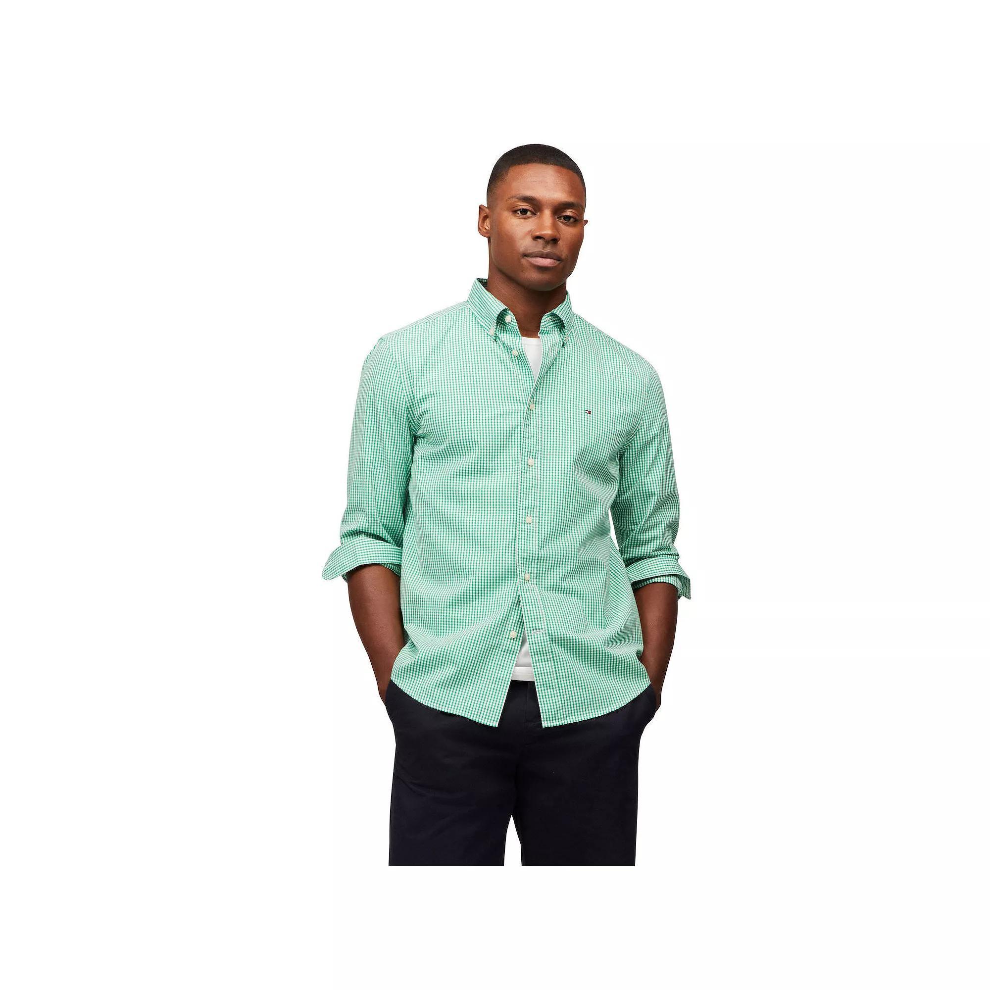 Men's Tommy Hilfiger Flex Poplin Gingham Long Sleeve Shirt, Size: Medium, Olympic Green Gingham Product Image