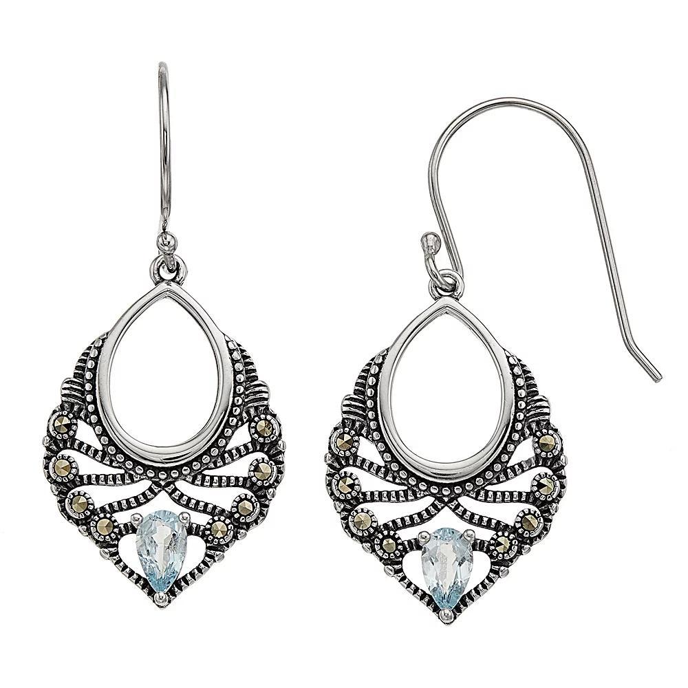 Tori Hill Sterling Silver Blue Topaz & Marcasite Pear-Shaped Earrings, Women's Product Image