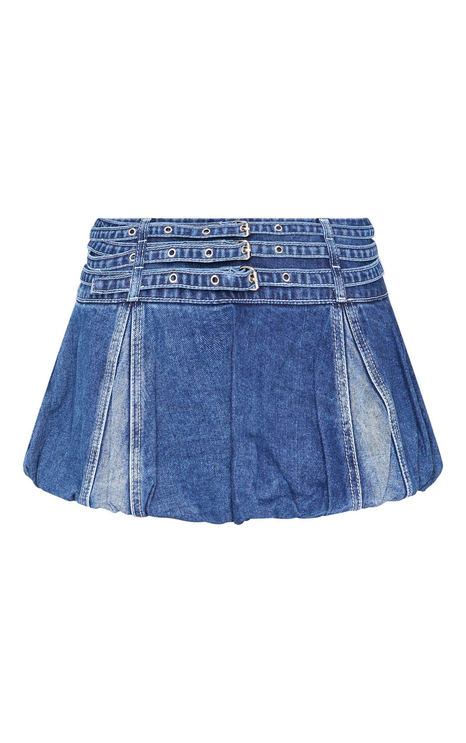 Indigo Buckle Detail Denim Puffball Mini Skirt Product Image