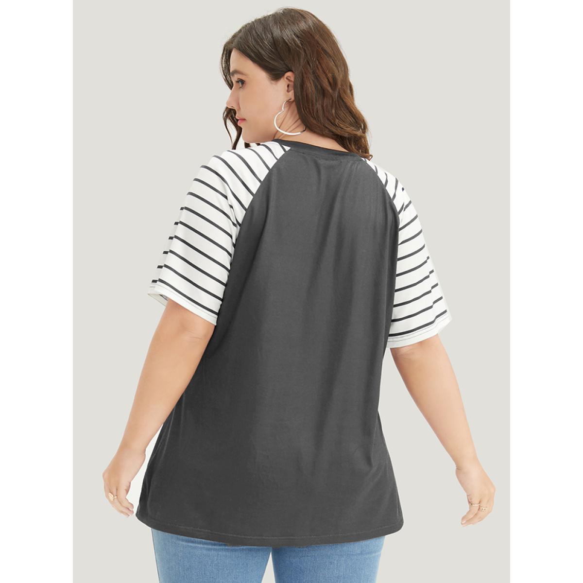 Plus Size Striped Contrast Raglan Sleeve V Neck T-shirt Gray Women Casual Patchwork Striped V-neck Dailywear T-shirts BloomChic 26/4X Product Image