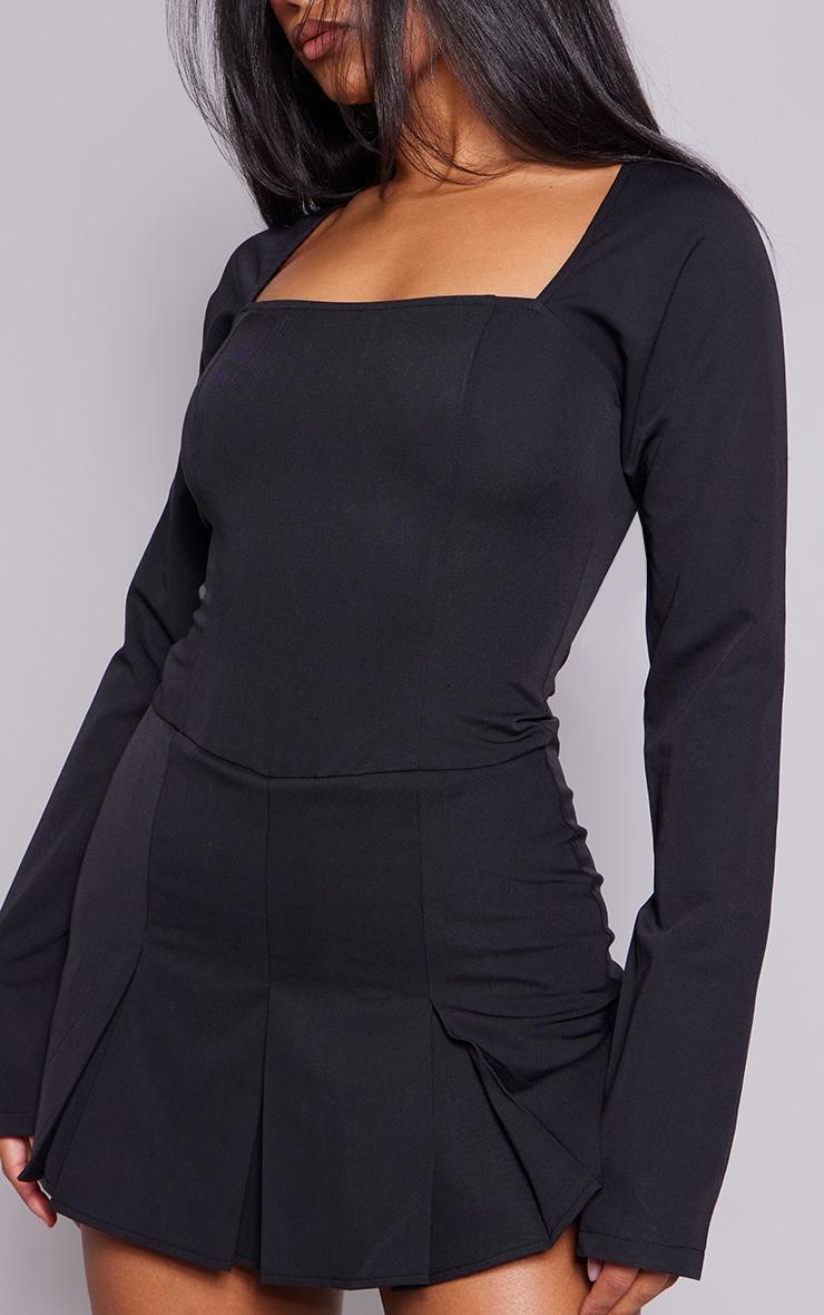 Black Tailored Woven Square Neck Pleated Skort Romper Product Image