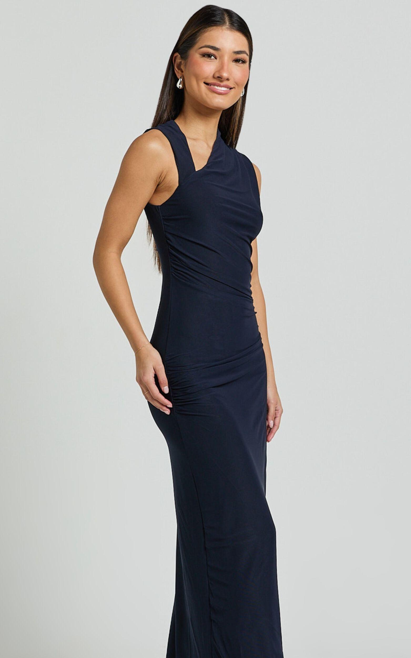 Lara Midi Dress - Asymmetrical Ruched Mesh Dress in Ink Product Image