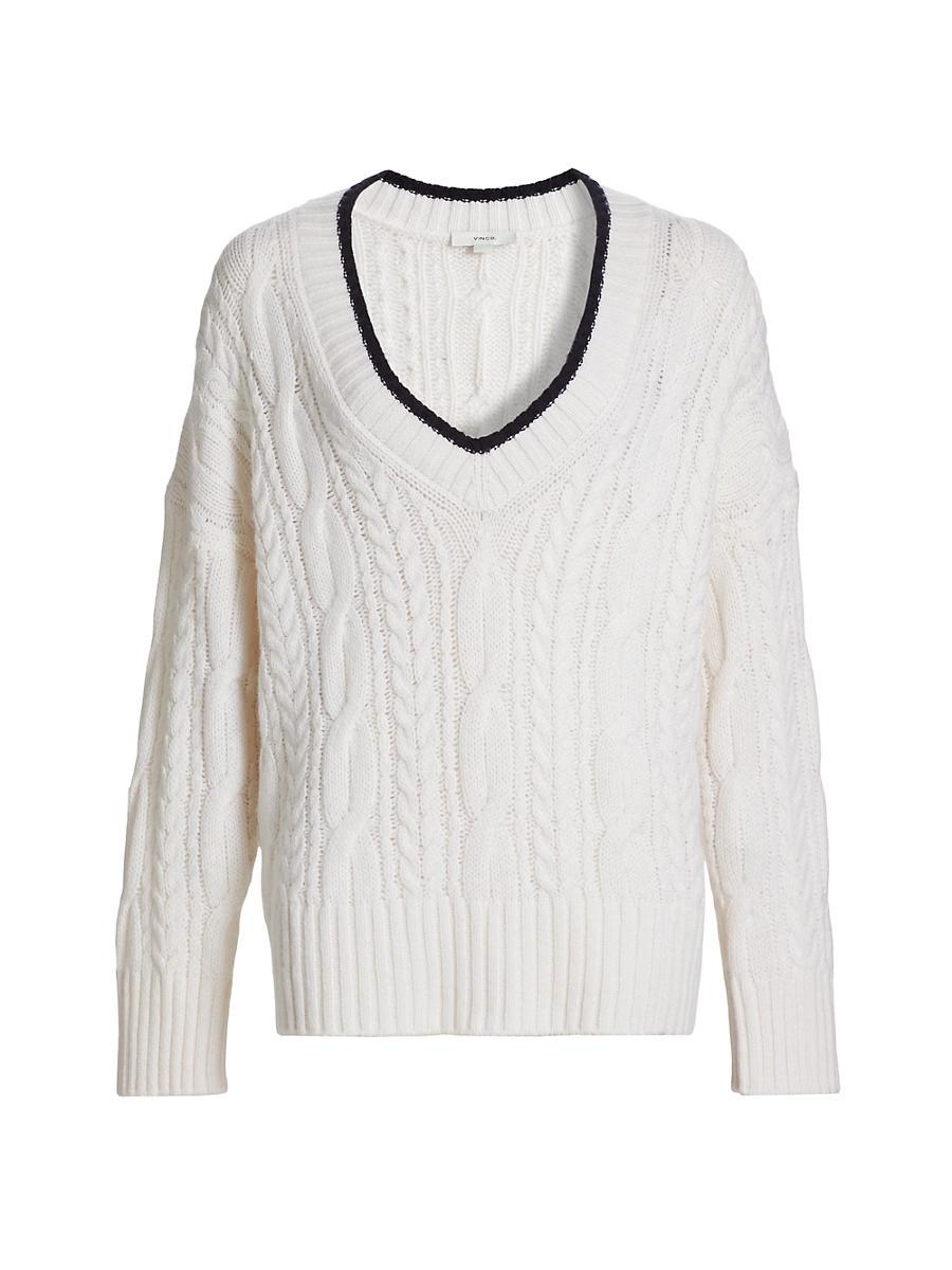Womens Cable-Knit Wool-Cashmere Oversized Sweater, Off White/coastal Blue, Size XS Vince Product Image