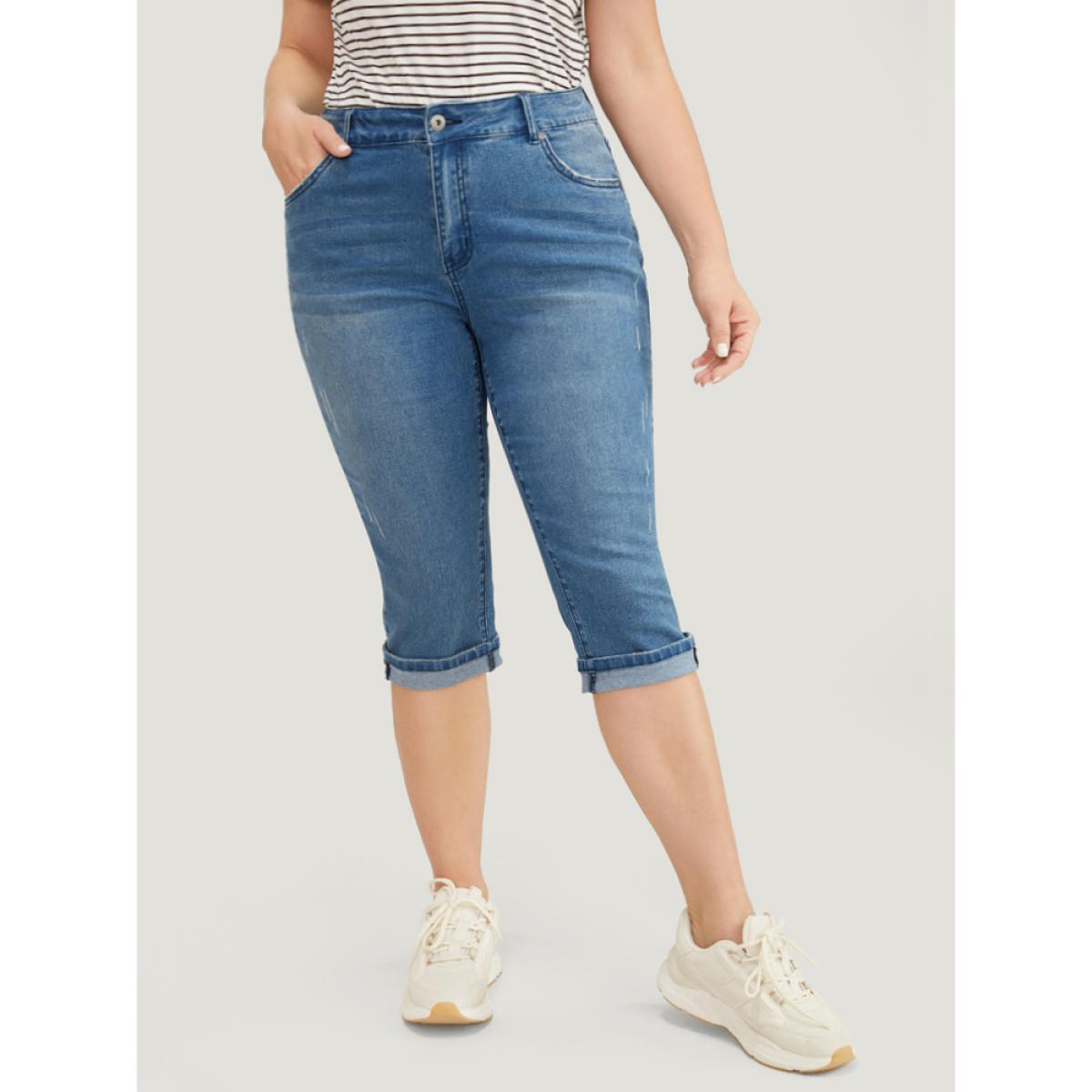 Plus Size Very Stretchy Medium Wash Roll Hem Knee Denim Shorts Women Blue High stretch Dailywear Pocket Casual Denim Shorts BloomChic 22/3X Product Image