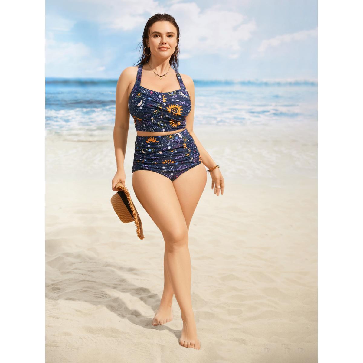 Plus Size Moon & Star Heart Neckline Twist Front Swim Top Women's Swimwear Midnight Beach Twist High stretch Skinny Heart neckline Curve Swim Tops BloomChic 18-20/2X Product Image