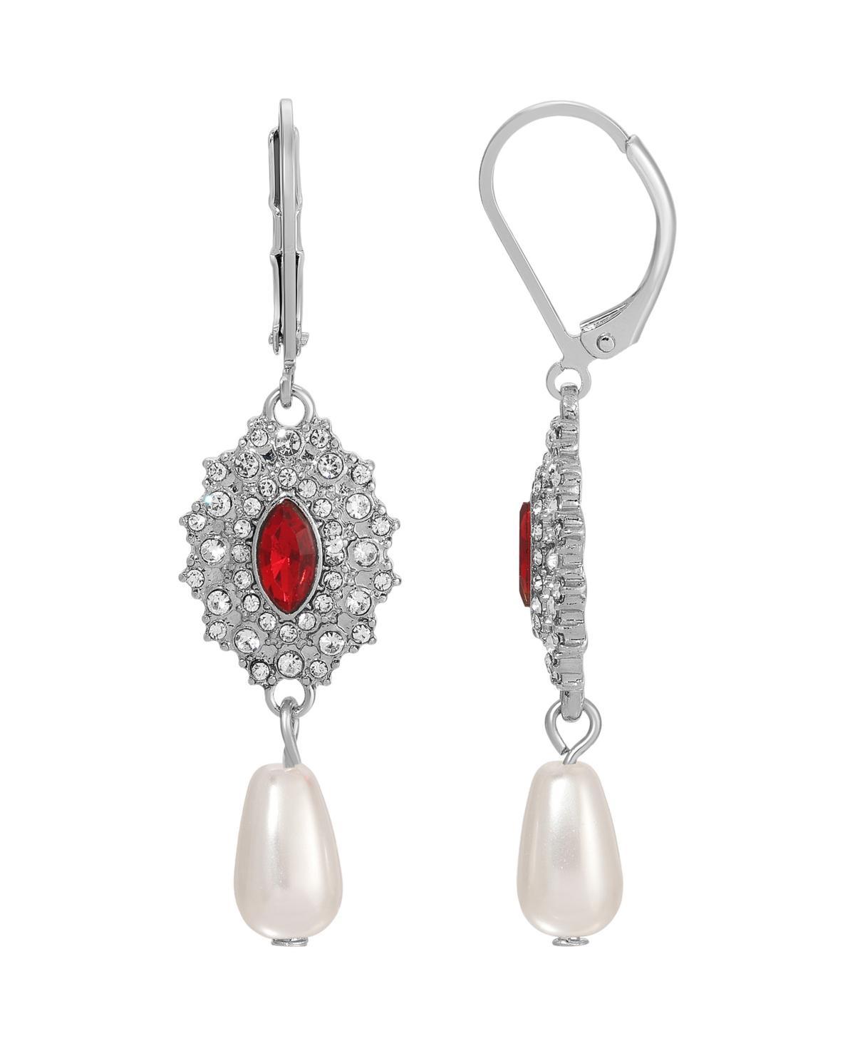 1928 Silver Tone Crystal & Simulated Pearl Starburst Drop Earrings, Women's, Red Product Image