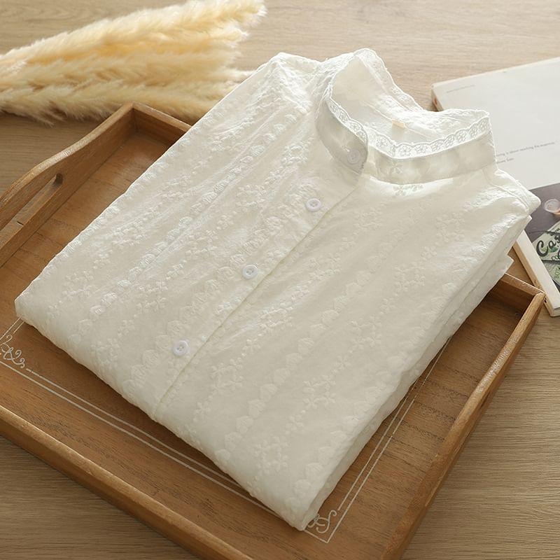 Long Sleeve Band Collar Embroidered Shirt Product Image
