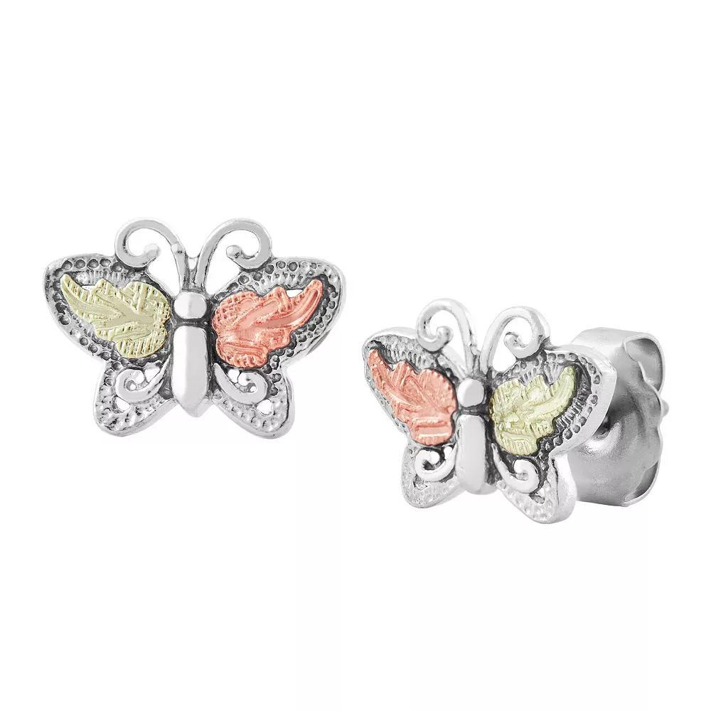 Black Hills Gold Tri-Tone Butterfly Post Earrings in Sterling Silver, Women's Product Image