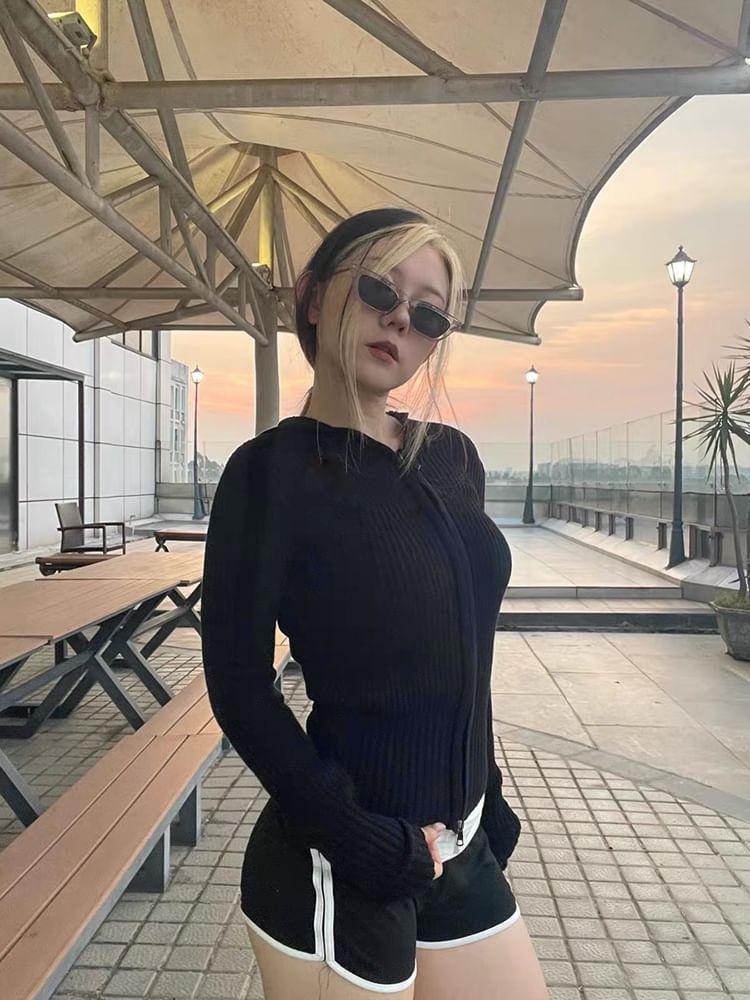Long-Sleeve Hooded Ribbed Zip Knit Top Product Image