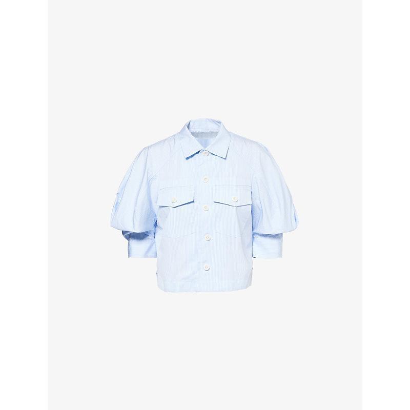 SACAI Womens  Stripe Cropped Cotton-poplin Shirt In L/blue Stripe Product Image
