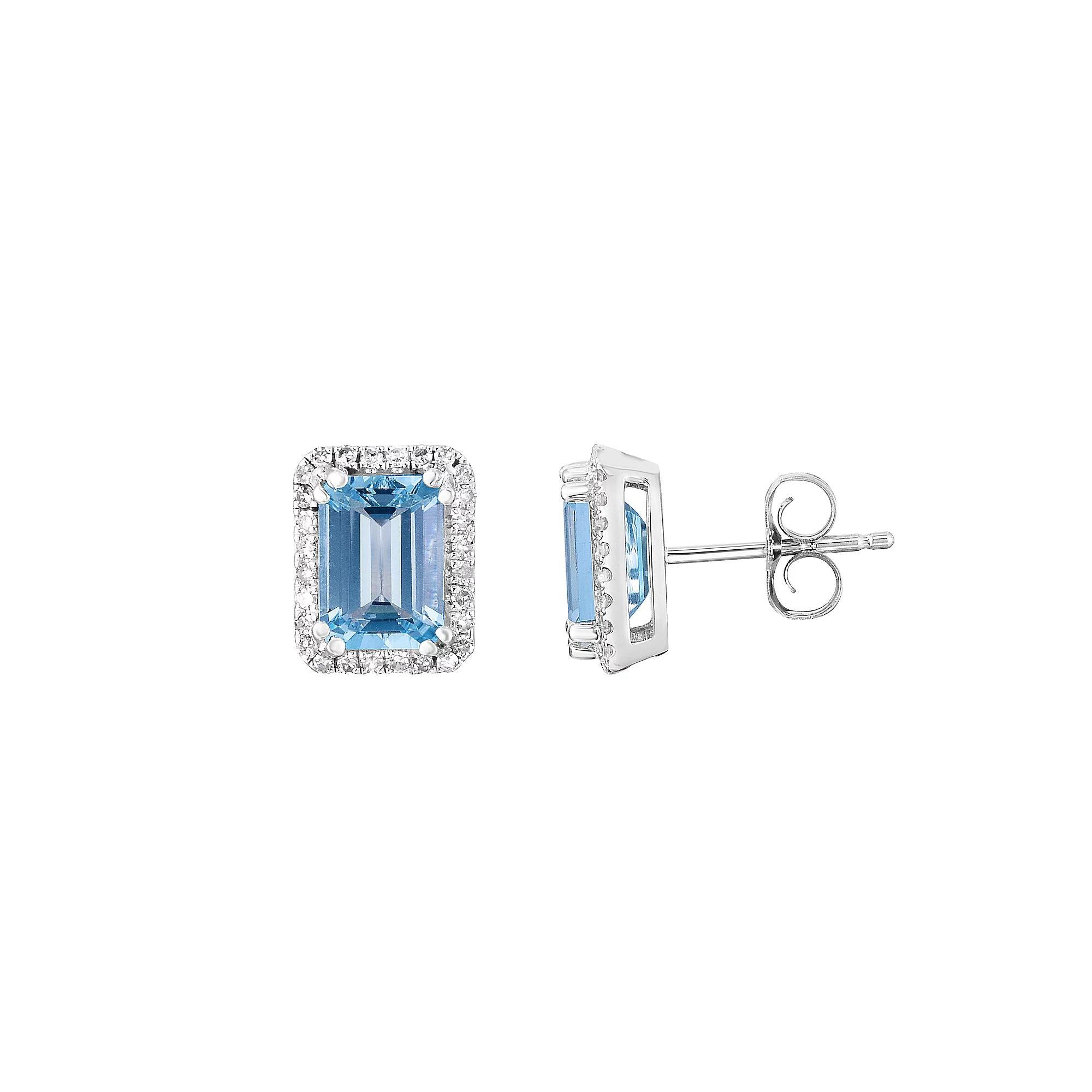 14k White Gold 1/6 Carat T. W. Diamond & Aquamarine Frame Stud Earrings, Women's Product Image