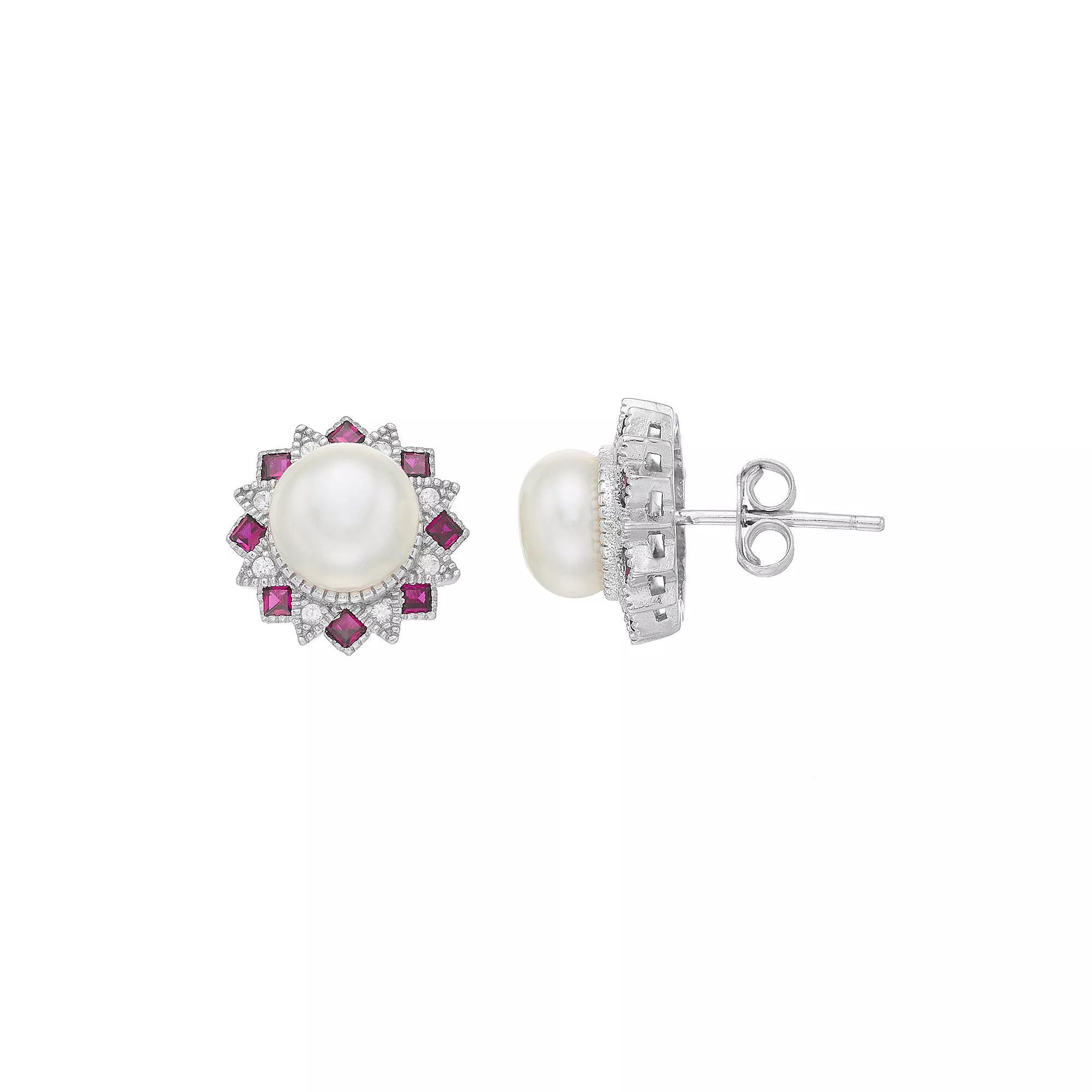Sterling Silver Freshwater Cultured Pearl, Lab-Created Ruby & White Sapphire Stud Earrings, Women's Product Image