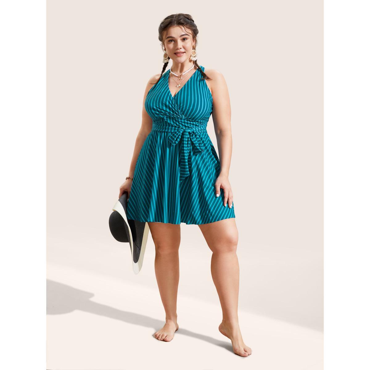Plus Size Overlap Collar Striped Tie Knot Swim Dress Women's Swimwear Cyan Beach Bodycon Overlap Collar High stretch Curve Swim Dresses BloomChic 14-16/1X Product Image