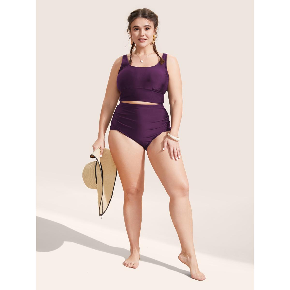 Plus Size Solid Square Neck Adjustable Straps Swim Top Women's Swimwear Deeppurple Beach High stretch Skinny U-neck Curve Swim Tops BloomChic 10/M Product Image