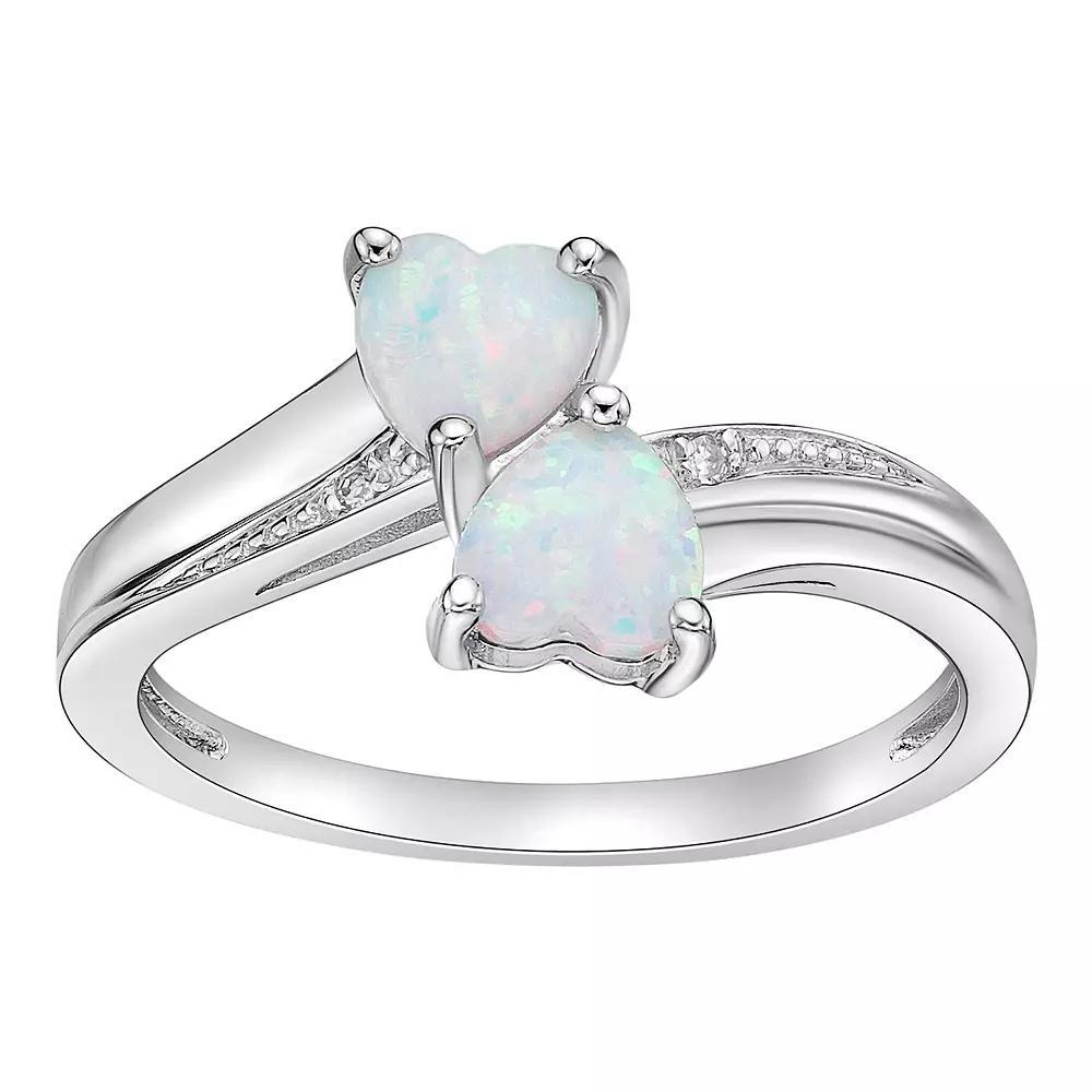 Gemminded Sterling Silver Lab-Created Opal and Diamond Accent Heart Bypass Ring, Women's, Size: 10, White Product Image
