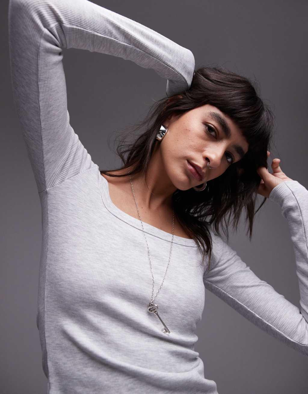 Topshop square neck long sleeve top in gray heather Product Image