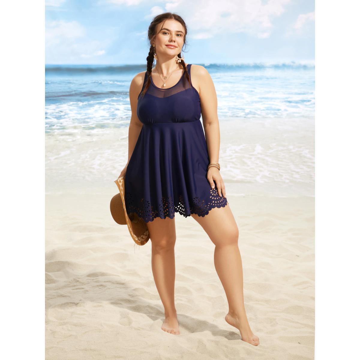 Plus Size Solid Mesh Patchwork Laser Cut Swim Dress Women's Swimwear Indigo Beach Bodycon Round Neck High stretch Curve Swim Dresses BloomChic 14-16/1X Product Image