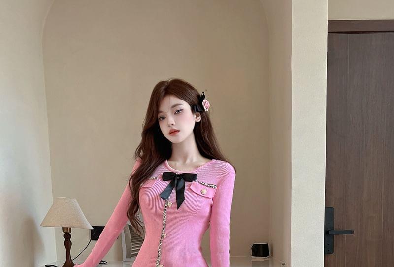 Long-Sleeve Crewneck Button-Up Knit Mini Bodycon Dress Product Image