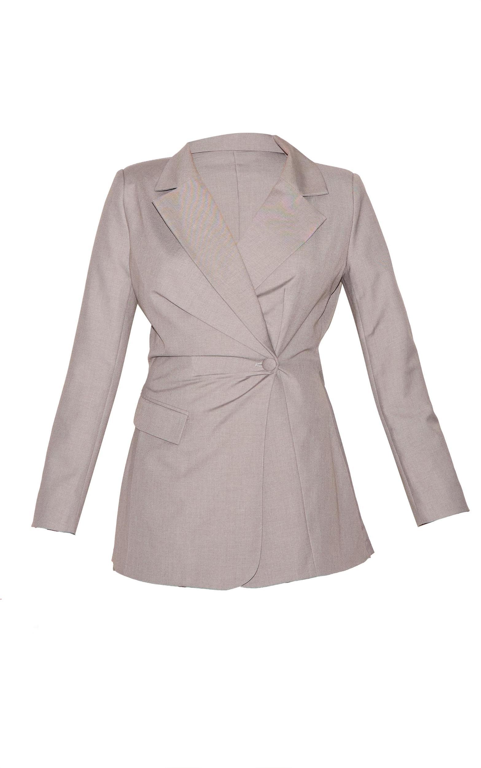 Pale Grey Tailored Woven Cinched Waist Long Sleeve Romper Product Image