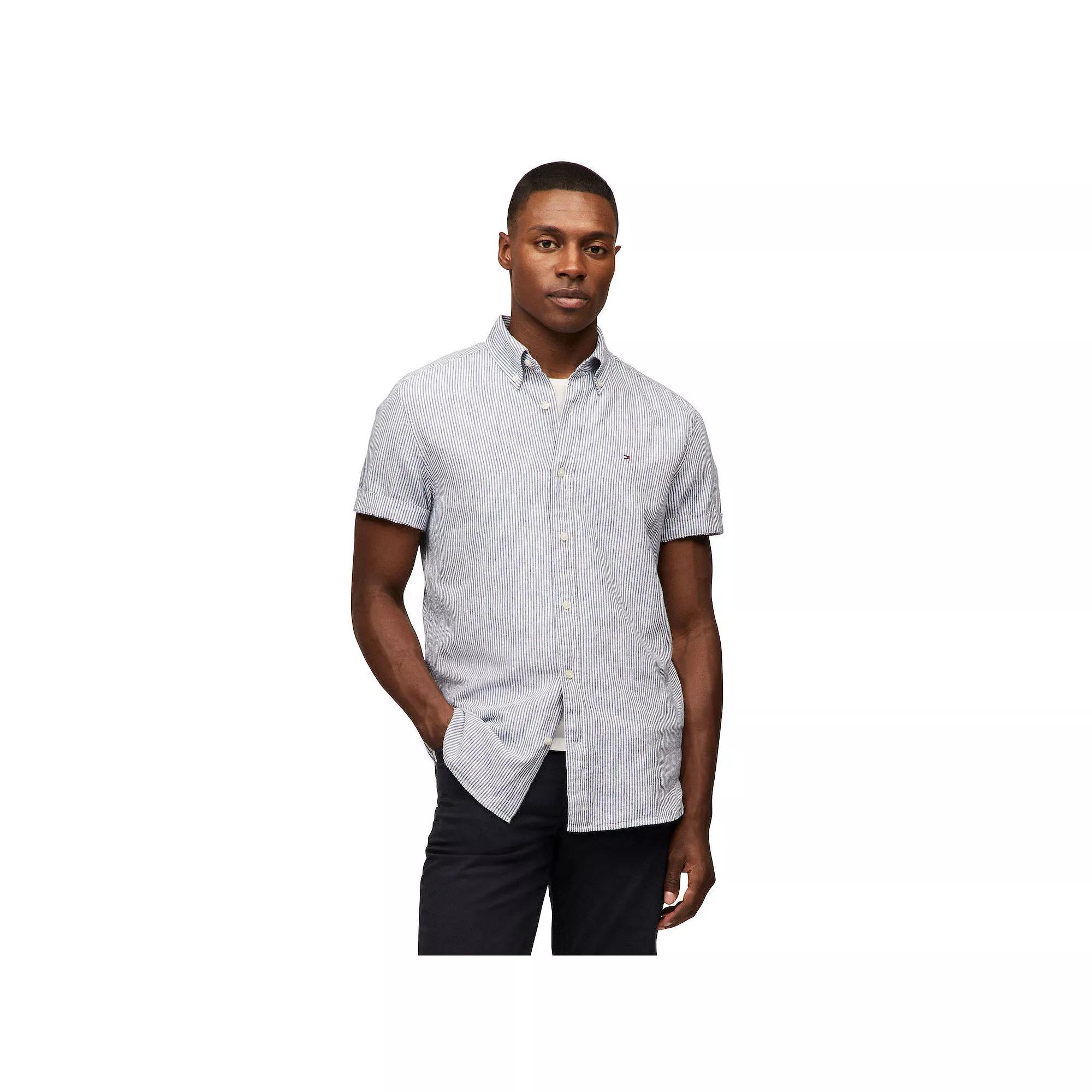 Men's Tommy Hilfiger Short Sleeve Printed Shirt, Size: XL, Blue Stripe Product Image