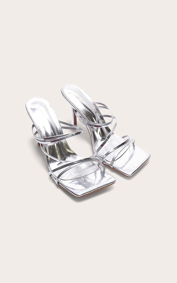 Silver PU Square Toe Multi Cross Strap Detail Mid Heeled Mules Product Image