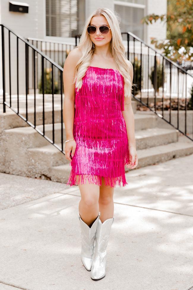 Just Ask Me Pink Sequin Fringe Tank Mini Dress FINAL SALE Product Image