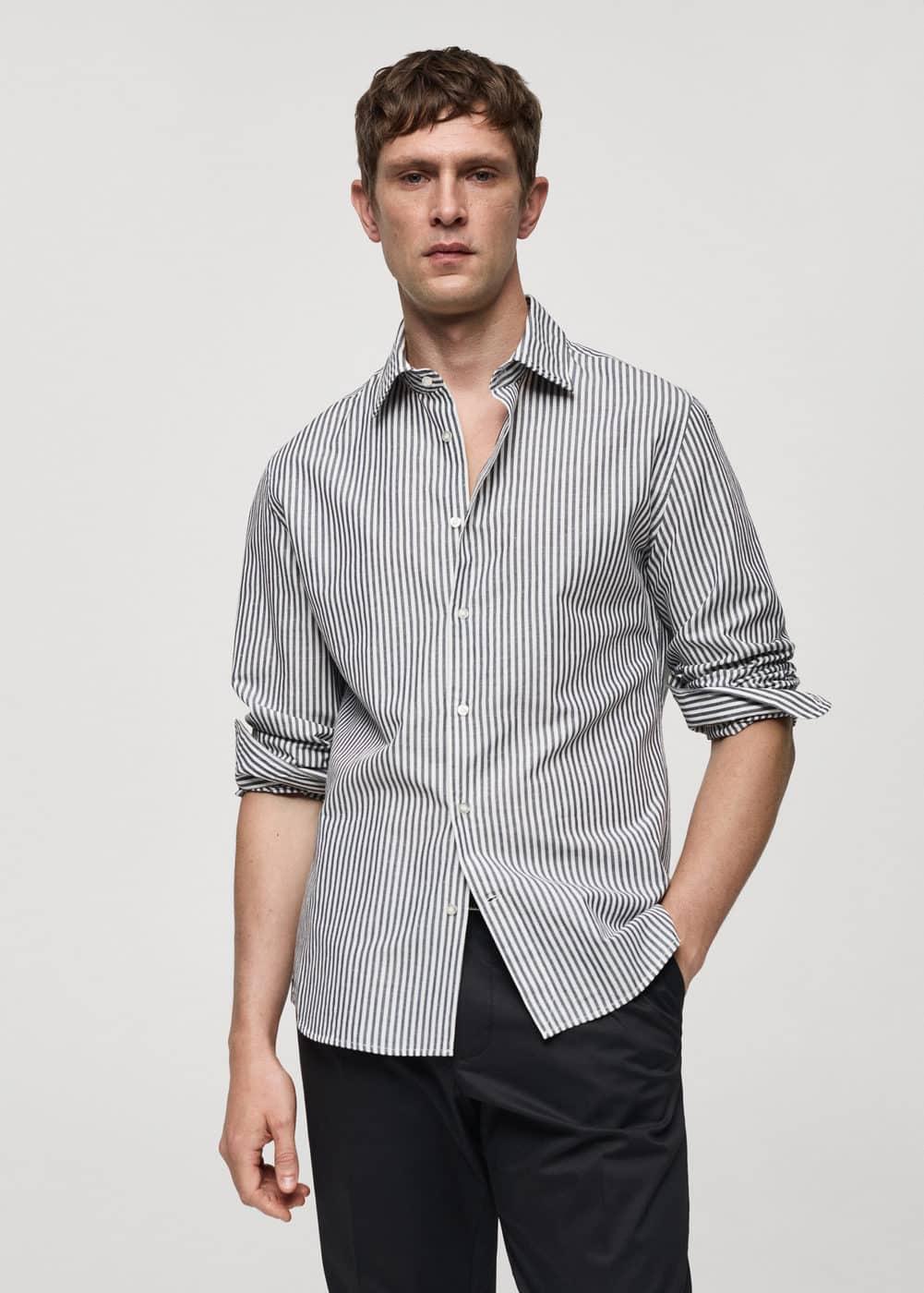 Regular-fit striped cotton-linen shirt - Men | MANGO USA Product Image