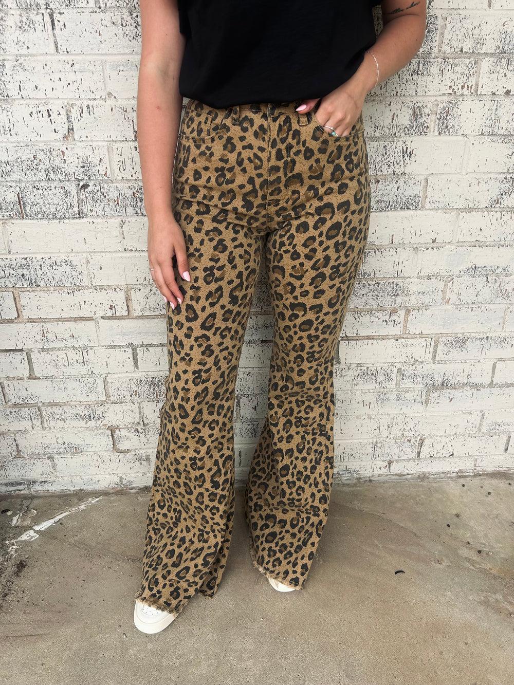 L&B Brown Leopard Denim High Rise Flare Jeans Product Image