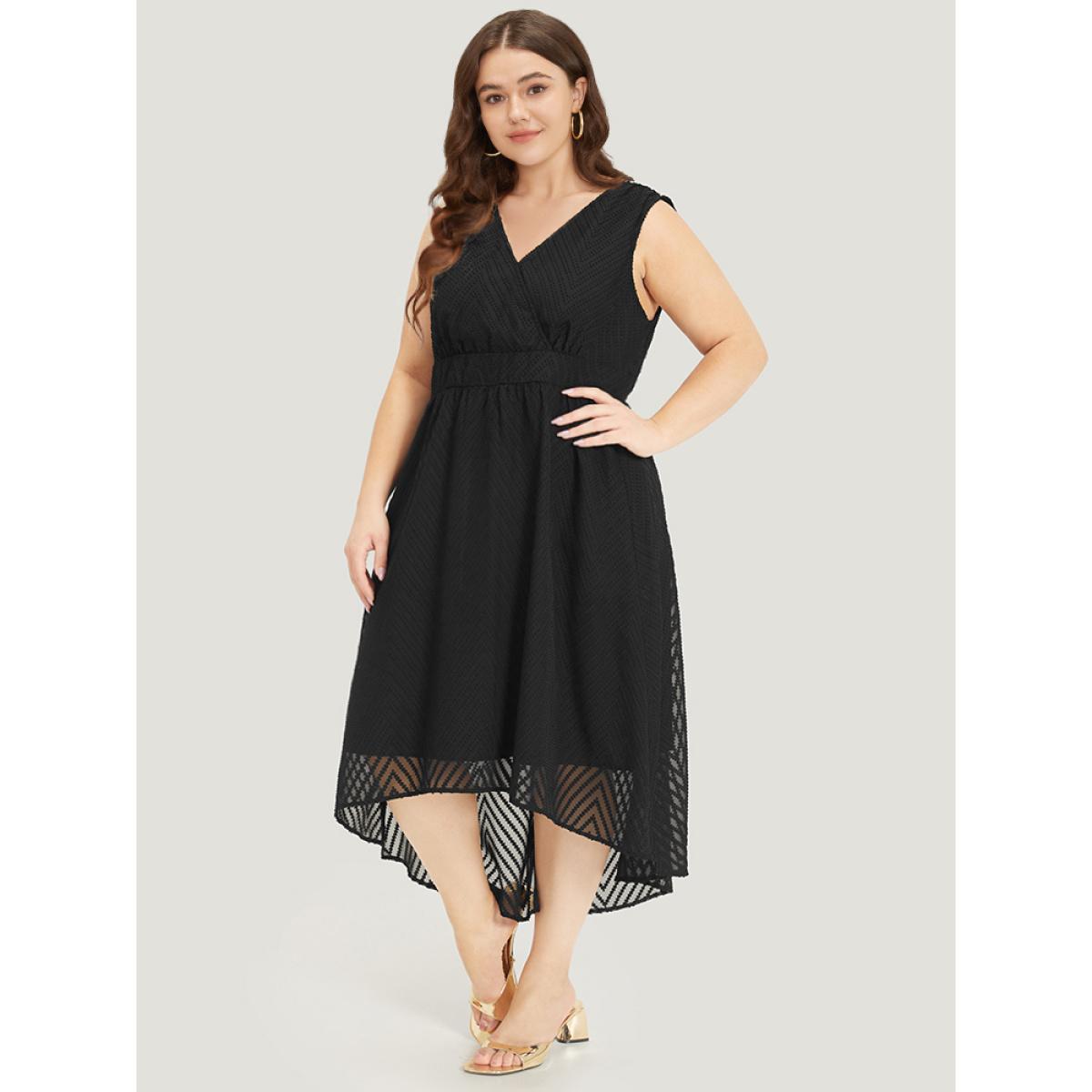 Plus Size Solid Pocket Wrap High Low Hem Tank Dress Black Women Glamour Plain V-neck Sleeveless Curvy Midi Dress BloomChic 28/5X Product Image