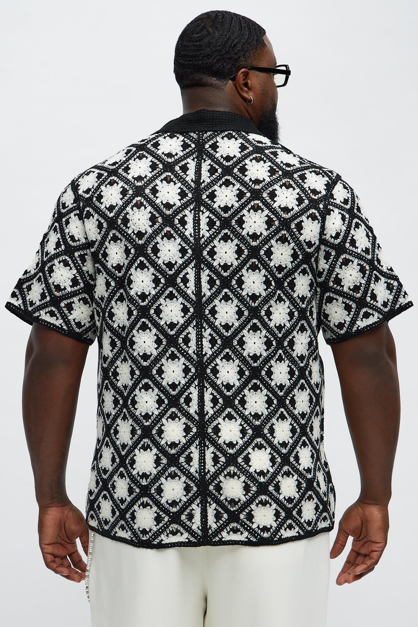 Crochet Starry Diamonds Closed Collar Shirt - Black/White Product Image