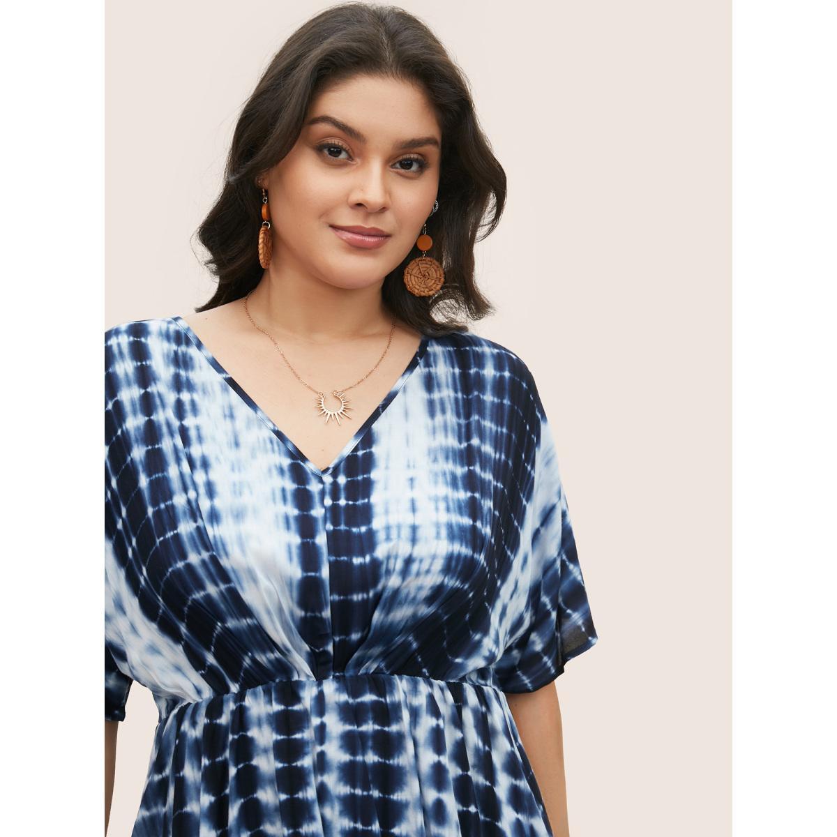 Plus Size Indigo Rayon Tie Dye Asymmetrical Hem Blouse Women Resort Half Sleeve V-neck Vacation Blouses BloomChic 12/L Product Image