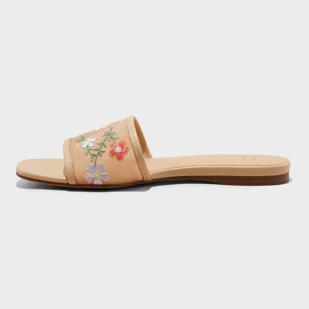Women's Elain Floral Embroidered Mesh Slide Sandals with Memory Foam Insole - A New Day™ Tan 7: Slip-On, Open Toe, Textured Outsole Product Image