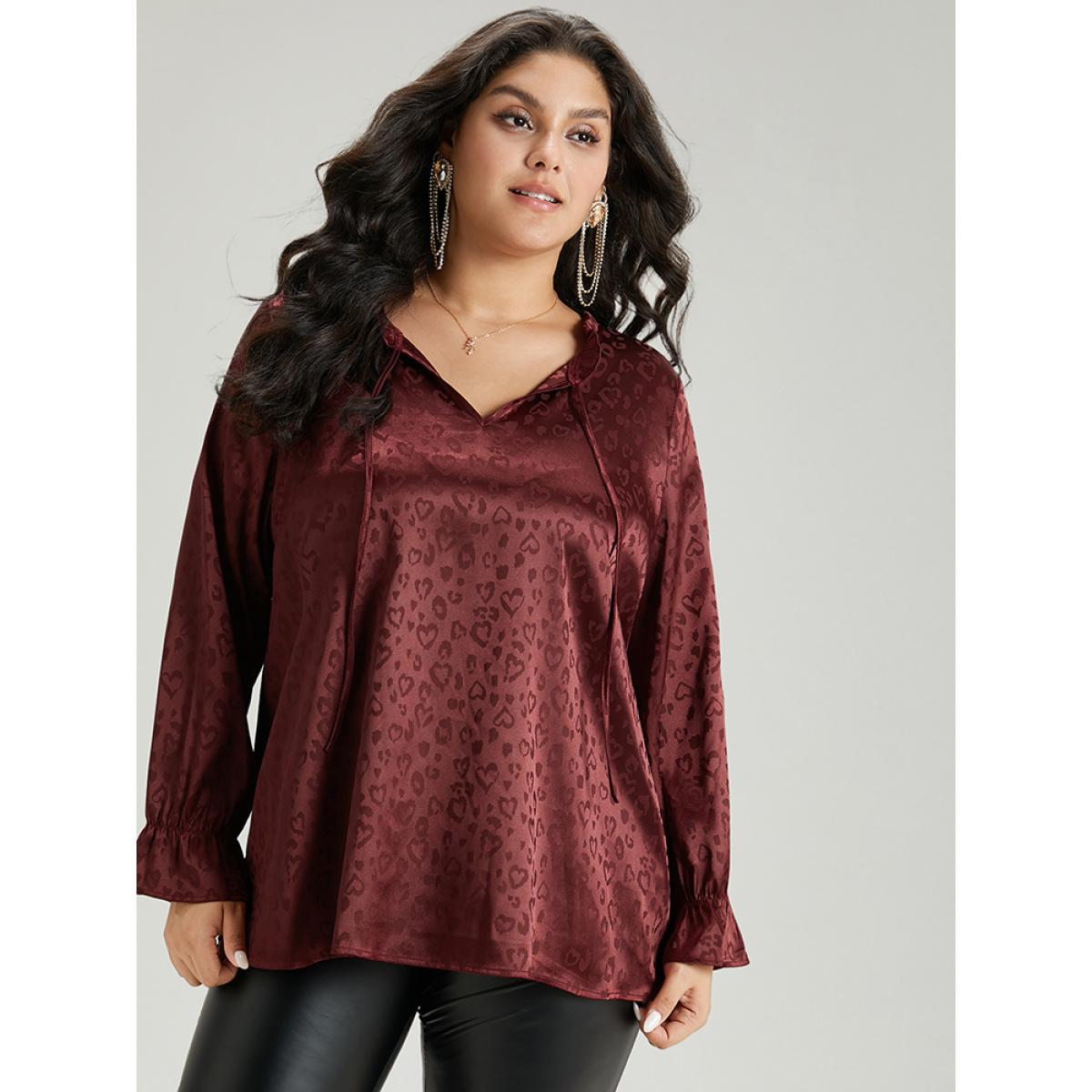 Plus Size Scarlet Solid Knot Neck Frill Trim Flutter Sleeve Blouse Women Glamour Long Sleeve Tie Neck Festival-Christmas Blouses BloomChic 10/M Product Image