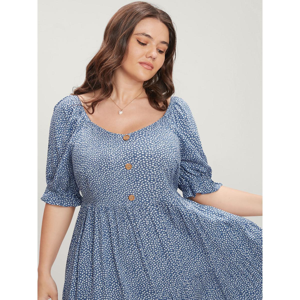 Plus Size Geometric Button Detail Lantern Sleeve Ruffle Tiered Dress LightBlue Women Elegant Patchwork V-neck Half Sleeve Curvy Midi Dress BloomChic 18-20/2X Product Image
