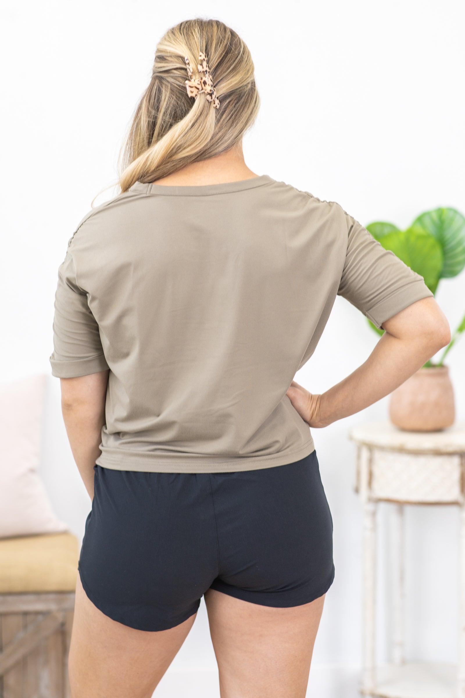 Warm Grey Gathered Short Sleeve Knit Top Product Image
