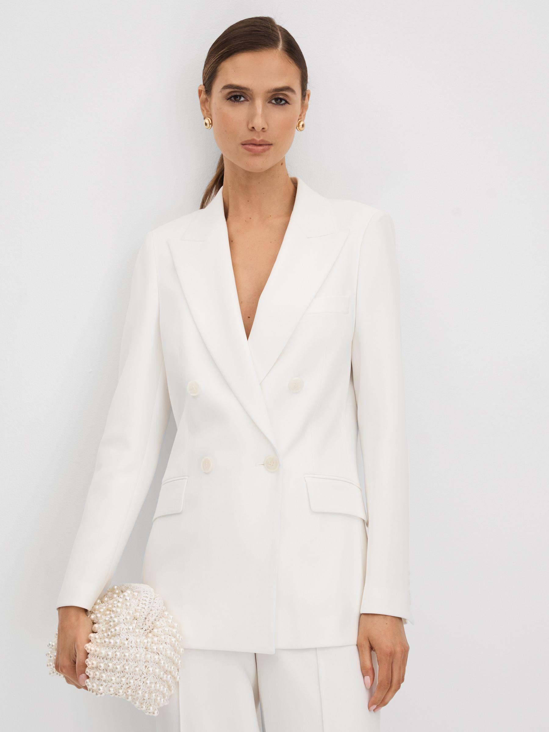 Petite Double Breasted Crepe Suit Blazer in White Product Image