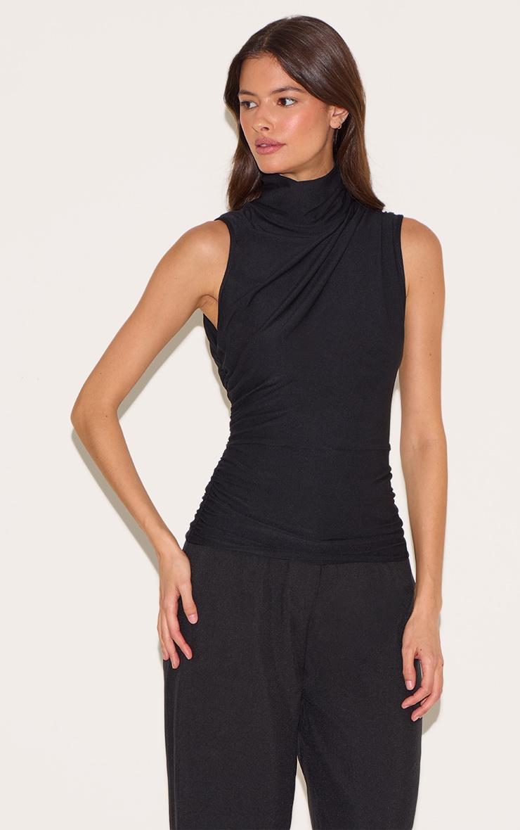 Black Soft Touch Ruched Side High Neck Top Product Image