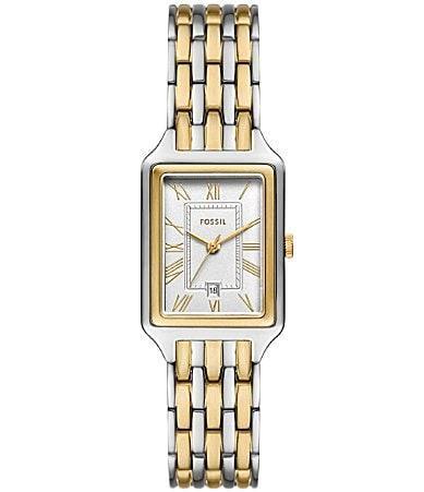 Fossil Womens Raquel Three-Hand Date Two Tone Stainless Steel Rectangular Bracelet Watch Product Image