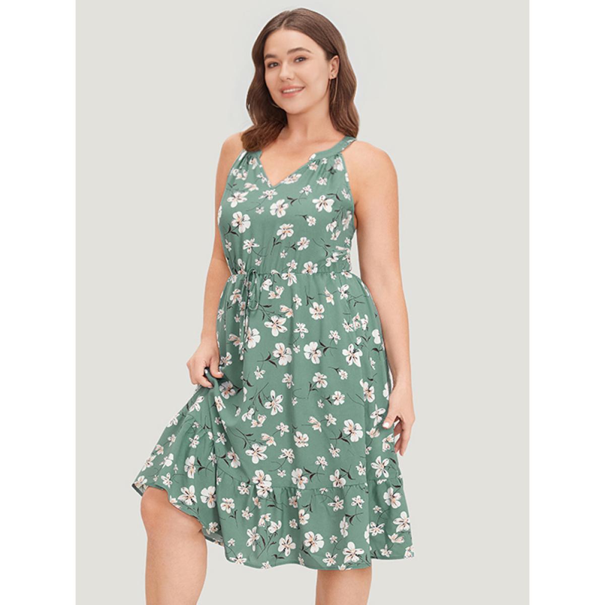 Plus Size Floral Elastic Waist Notched Pocket Ruffles Halter Dress Mint Women Elegant Patchwork Halter neck Sleeveless Curvy Knee Dress BloomChic 30/6X Product Image