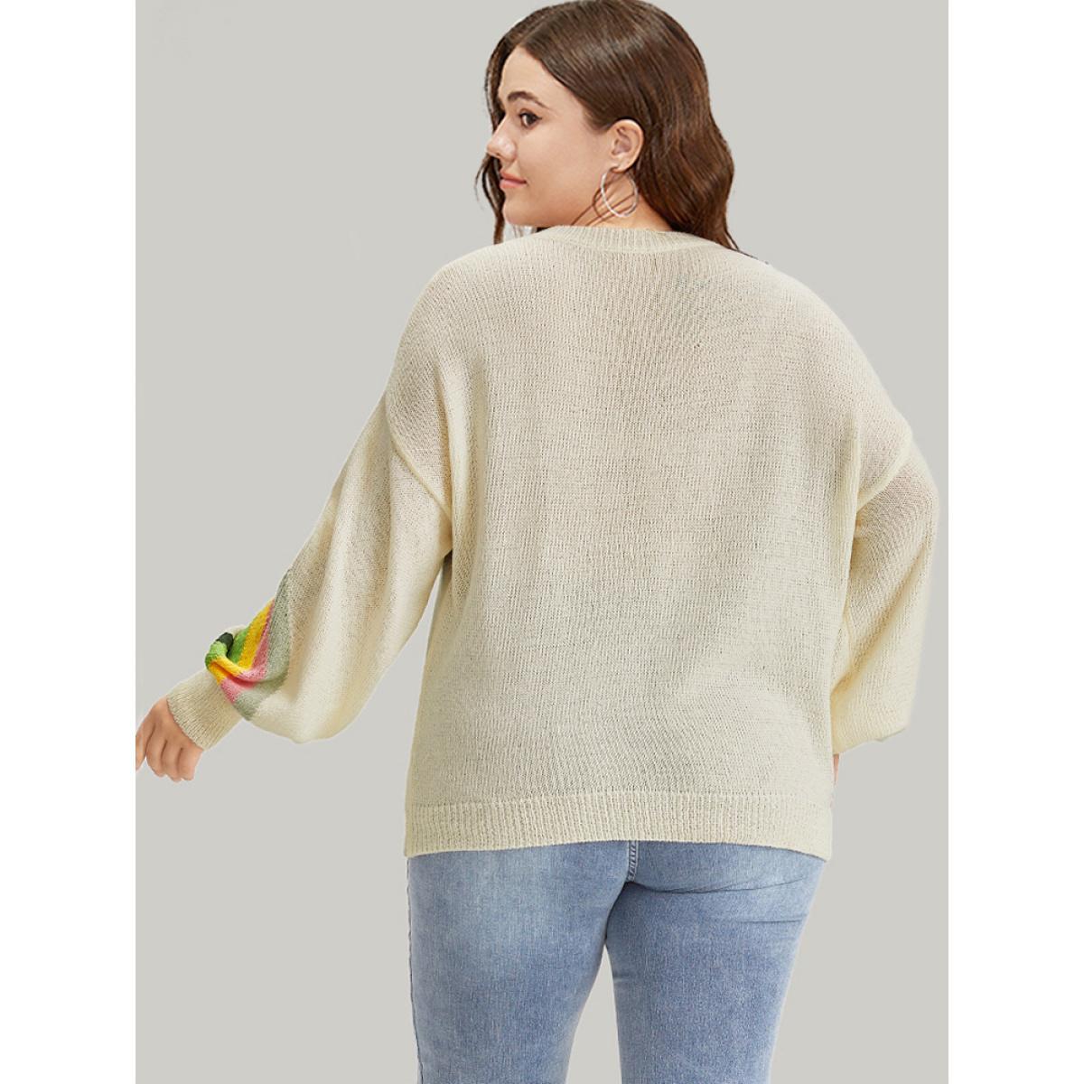 Plus Size Rainbow Lantern Sleeve Drop Shoulder Elastic Cuffs Pullover Beige Women Casual Loose Long Sleeve Round Neck Dailywear Pullovers BloomChic 18-20/2X Product Image